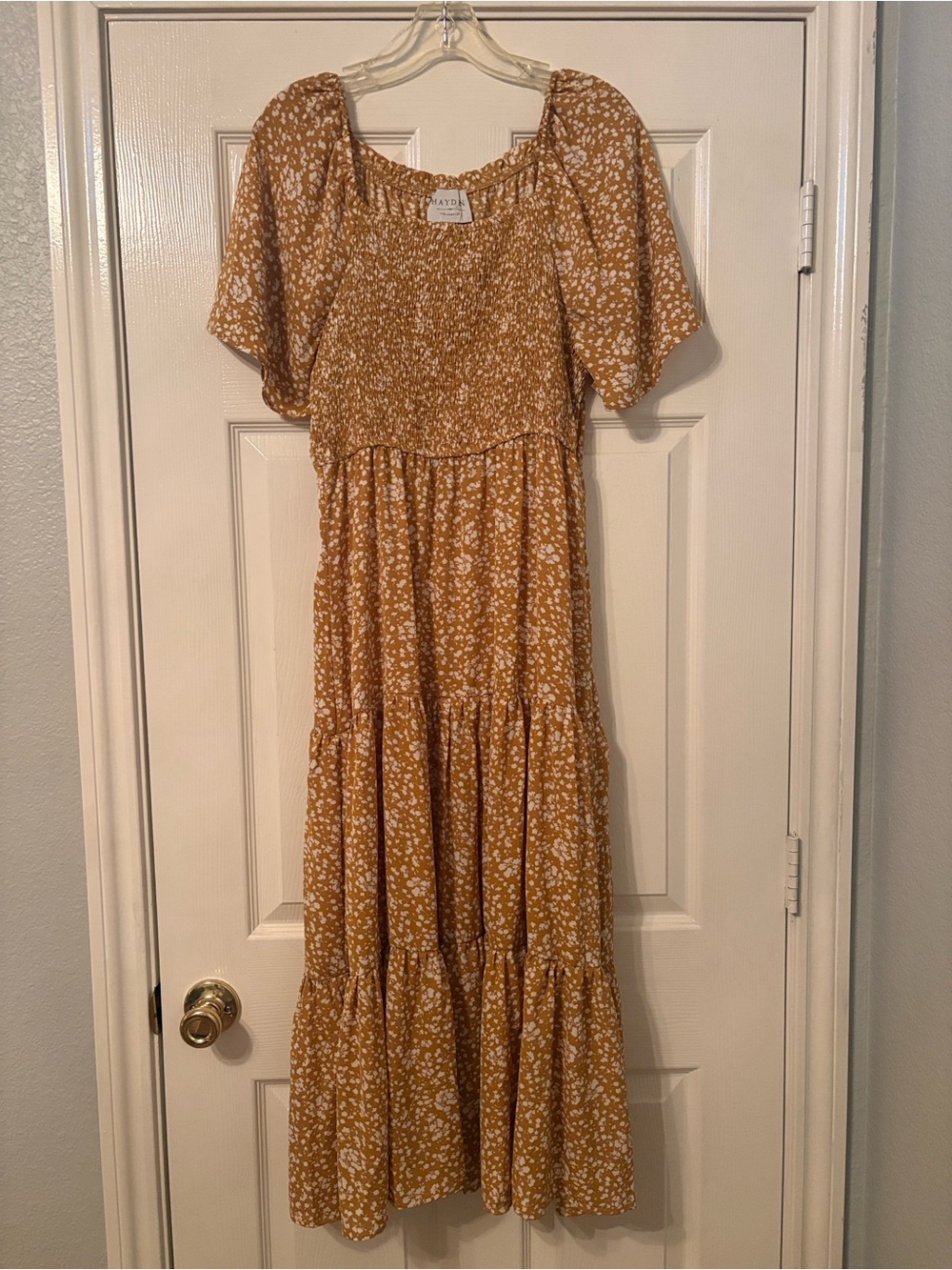 Smocked Mustard Floral Maxi Dress with Short Sleeves